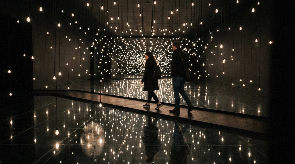 Dark mirrored hall of suspended lights at teamLab Borderless, the shoes-on option in the Borderless vs Planets choice