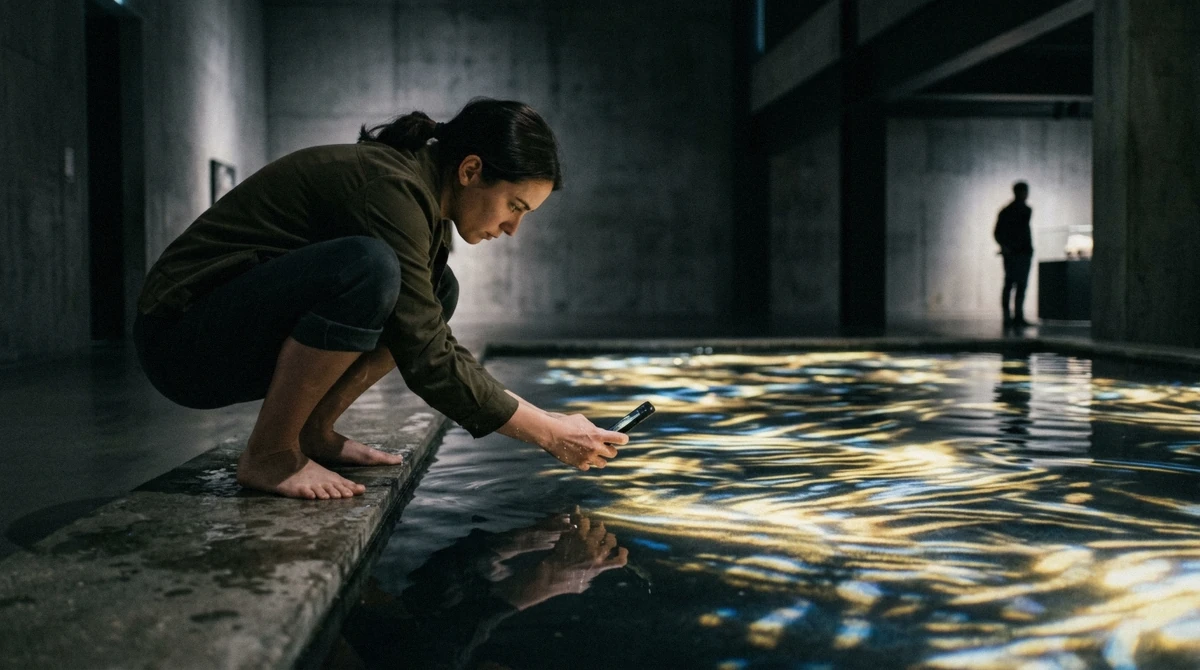 Visitor crouching barefoot to photograph light patterns on shallow water, the kind of shot teamLab Planets photos are made of