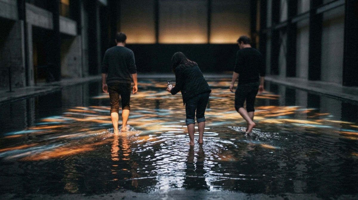 Visitors wading barefoot through lit shallow water at teamLab Planets, the barefoot option in the Borderless vs Planets choice