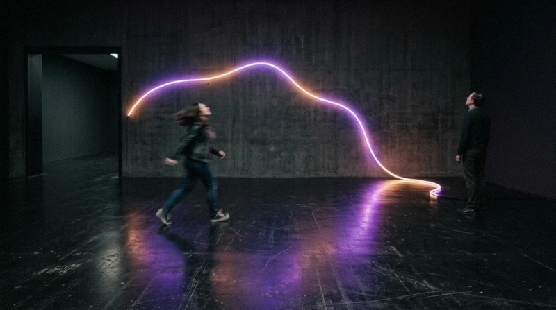 Dark gallery with a ribbon of coloured light across the wall and shoes-on visitors, the format of teamLab Borderless, the digital art museum in Tokyo